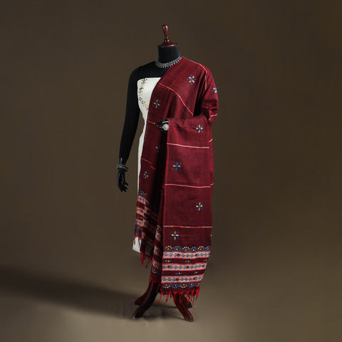 Maroon - Kantha Hand Embroidered Khes Handwoven Cotton Dupatta 04