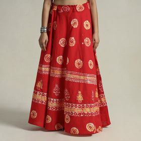 Red Hand Batik Printed Running Stitch Cotton Long Skirt