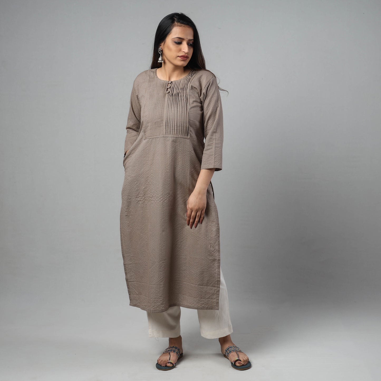 Brown - Running Stitch Cotton Long Straight Kurta