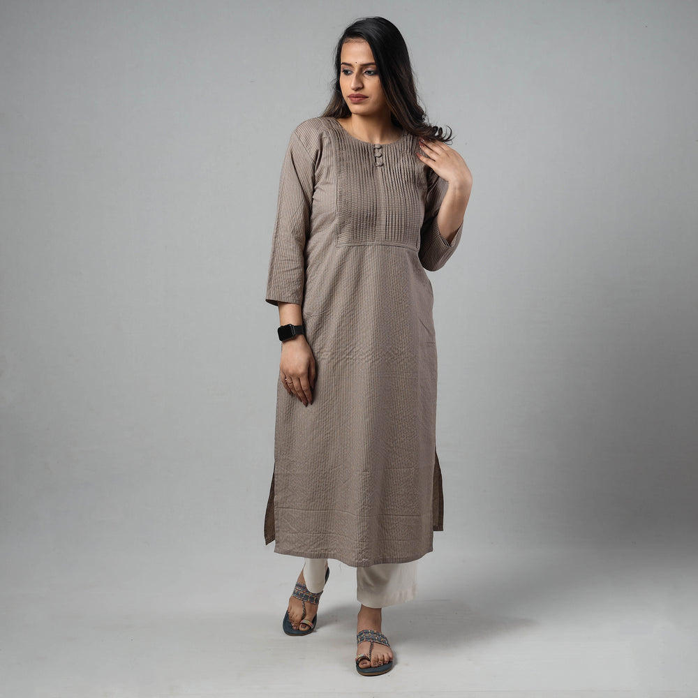 Brown - Running Stitch Cotton Long Straight Kurta