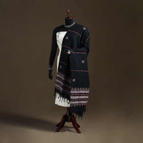 Black - Kantha Hand Embroidered Khes Handwoven Cotton Dupatta 05