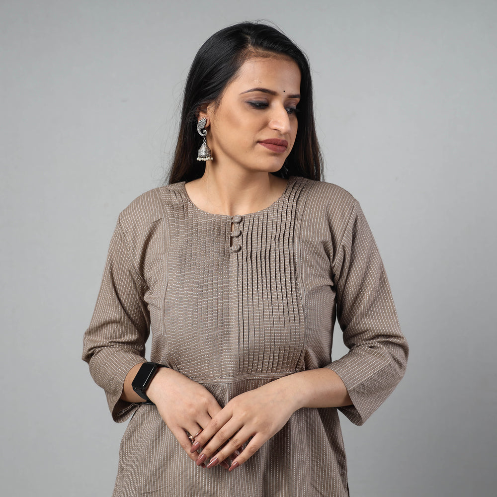 Brown - Running Stitch Cotton Long Straight Kurta