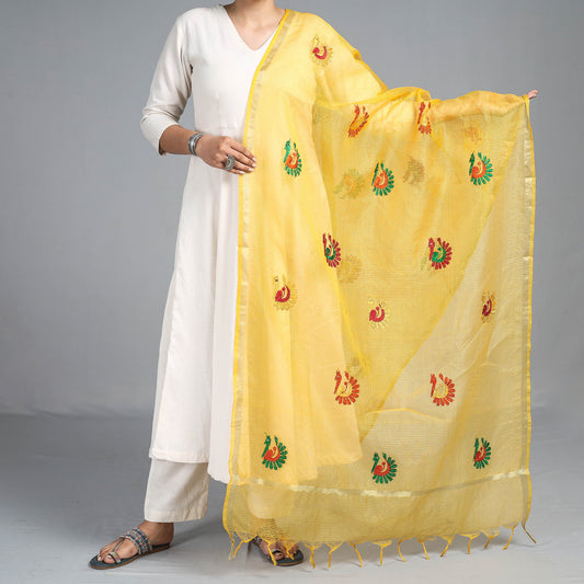 Yellow - Phulkari Hand Embroidery Kota Doria Cotton Dupatta with Tassels