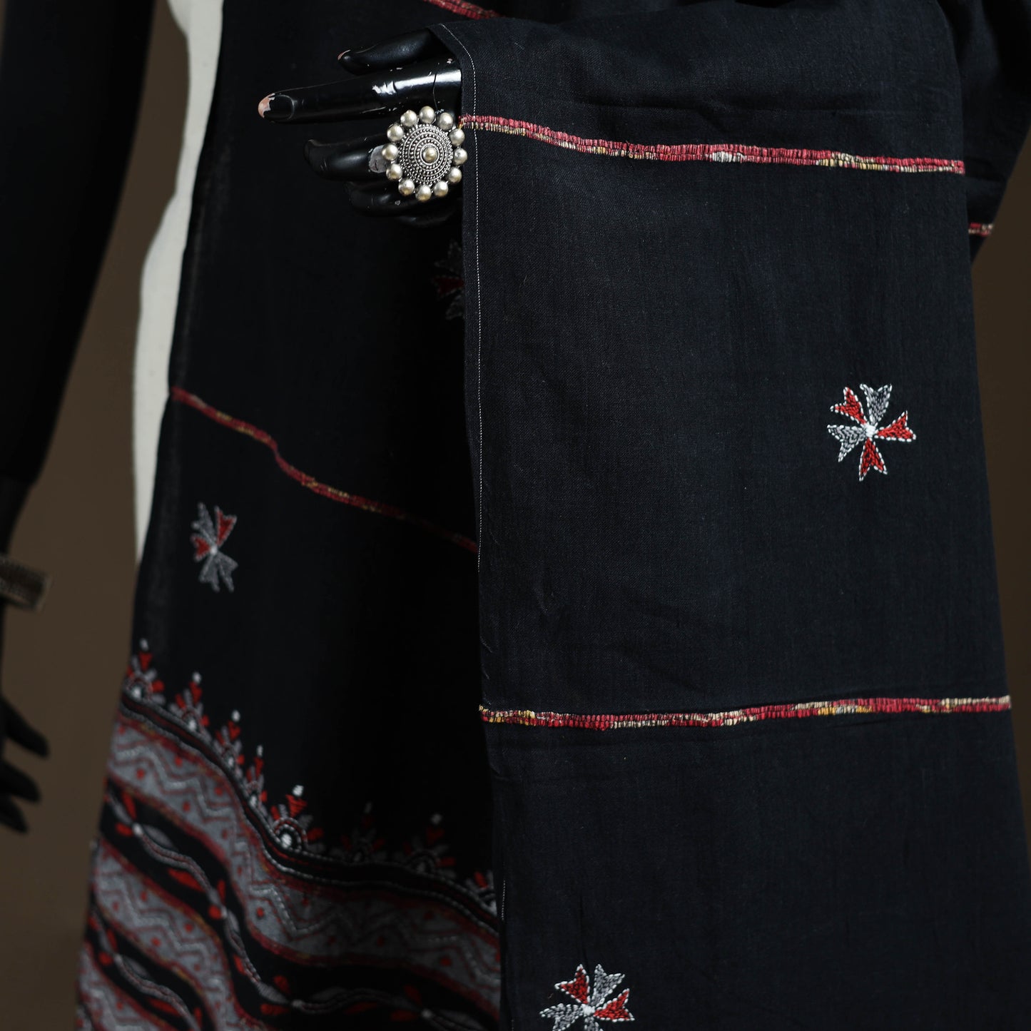 Black - Kantha Hand Embroidered Khes Handwoven Cotton Dupatta 05
