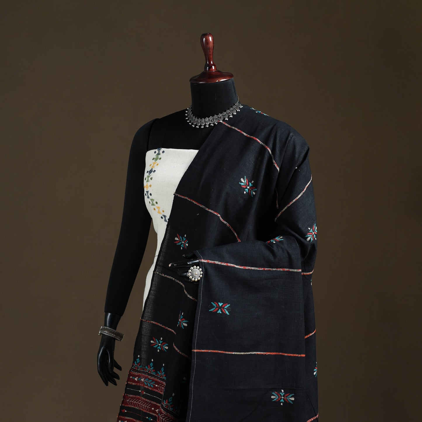 Black - Kantha Hand Embroidered Khes Handwoven Cotton Dupatta 06