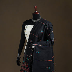 Black - Kantha Hand Embroidered Khes Handwoven Cotton Dupatta 06