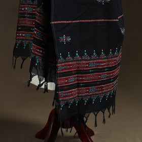 Black - Kantha Hand Embroidered Khes Handwoven Cotton Dupatta 06