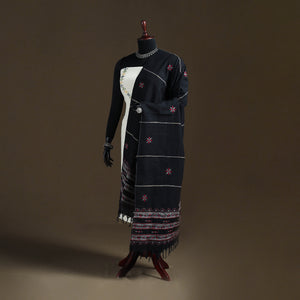 Black - Kantha Hand Embroidered Khes Handwoven Cotton Dupatta 07