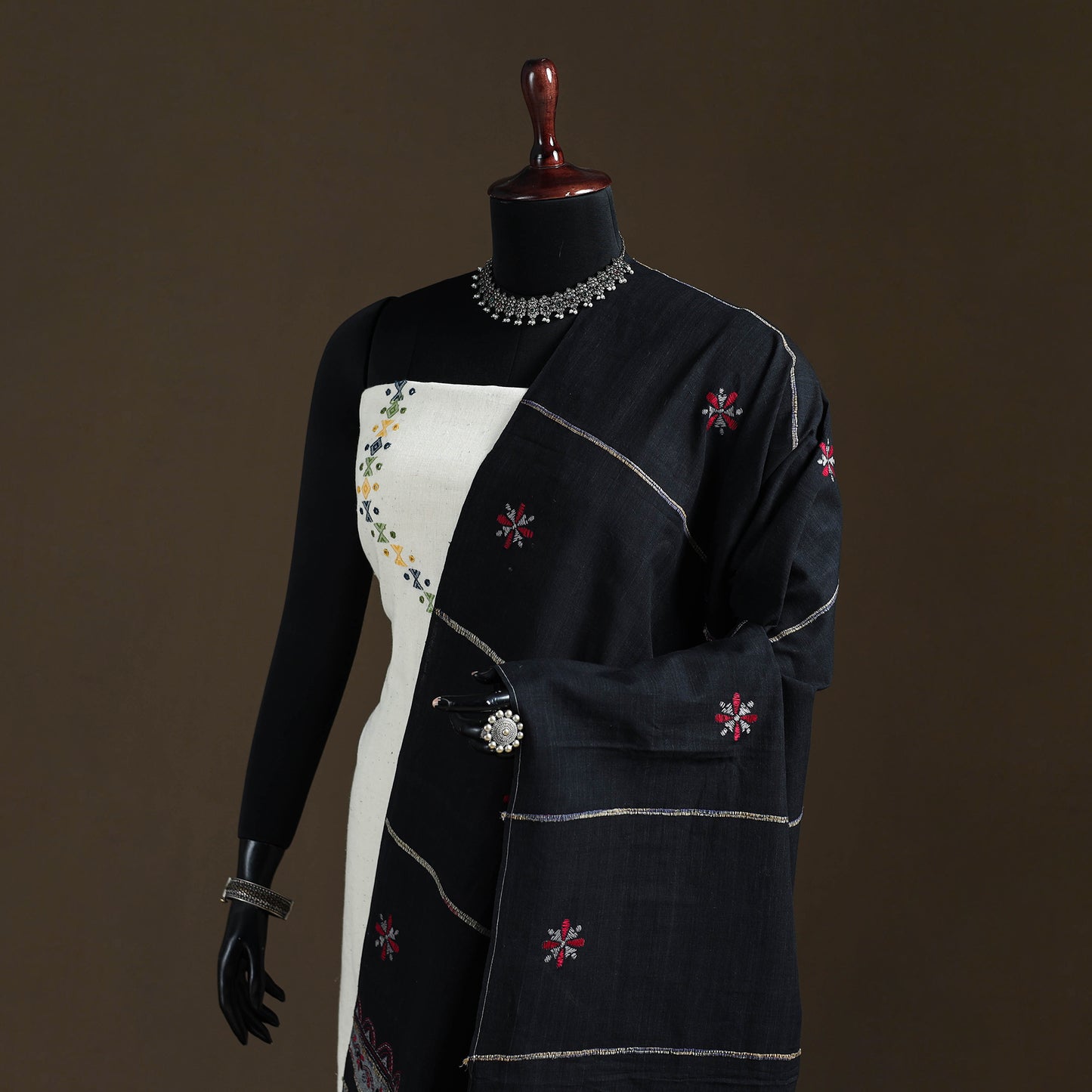 Black - Kantha Hand Embroidered Khes Handwoven Cotton Dupatta 07
