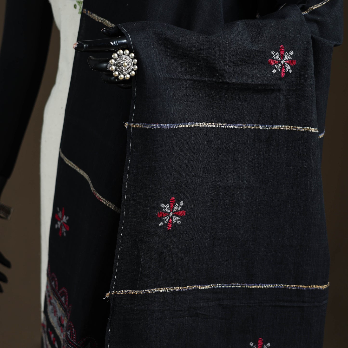 Black - Kantha Hand Embroidered Khes Handwoven Cotton Dupatta 07
