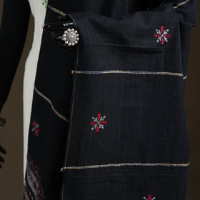 Black - Kantha Hand Embroidered Khes Handwoven Cotton Dupatta 07