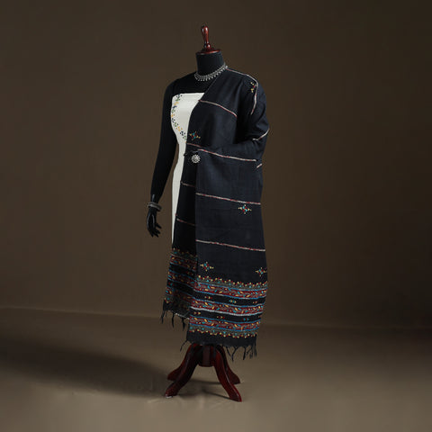 Black - Kantha Hand Embroidered Khes Handwoven Cotton Dupatta 09