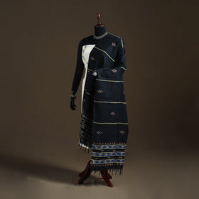 Black - Kantha Hand Embroidered Khes Handwoven Cotton Dupatta 14
