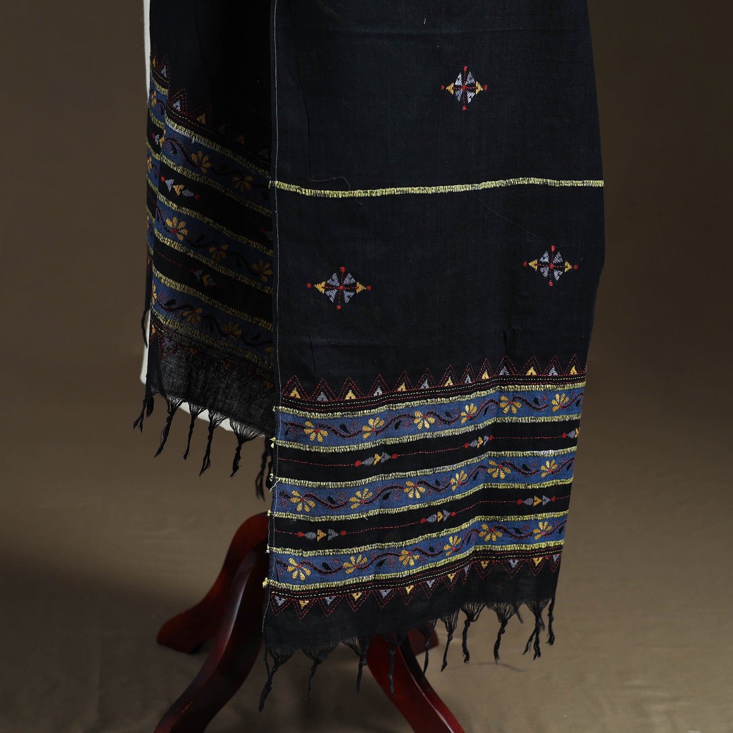 Black - Kantha Hand Embroidered Khes Handwoven Cotton Dupatta 14
