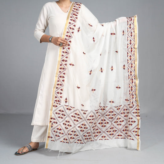 White - Phulkari Hand Embroidery Kota Doria Chanderi Silk Dupatta with Tassels