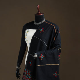 Black - Kantha Hand Embroidered Khes Handwoven Cotton Dupatta 15