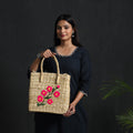 Beige Handcrafted Water Reed Embroidered Shopping Hand Bag