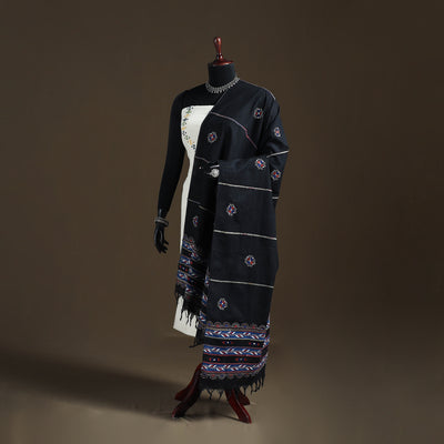 Black - Kantha Hand Embroidered Khes Handwoven Cotton Dupatta 16