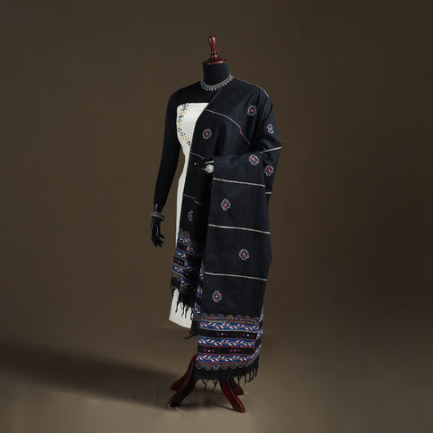 Black - Kantha Hand Embroidered Khes Handwoven Cotton Dupatta 16