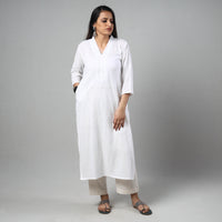 White - Running Stitch Cotton Long Straight Kurta