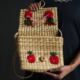 Beige Handcrafted Natural Water Reed Embroidered Sling Bag