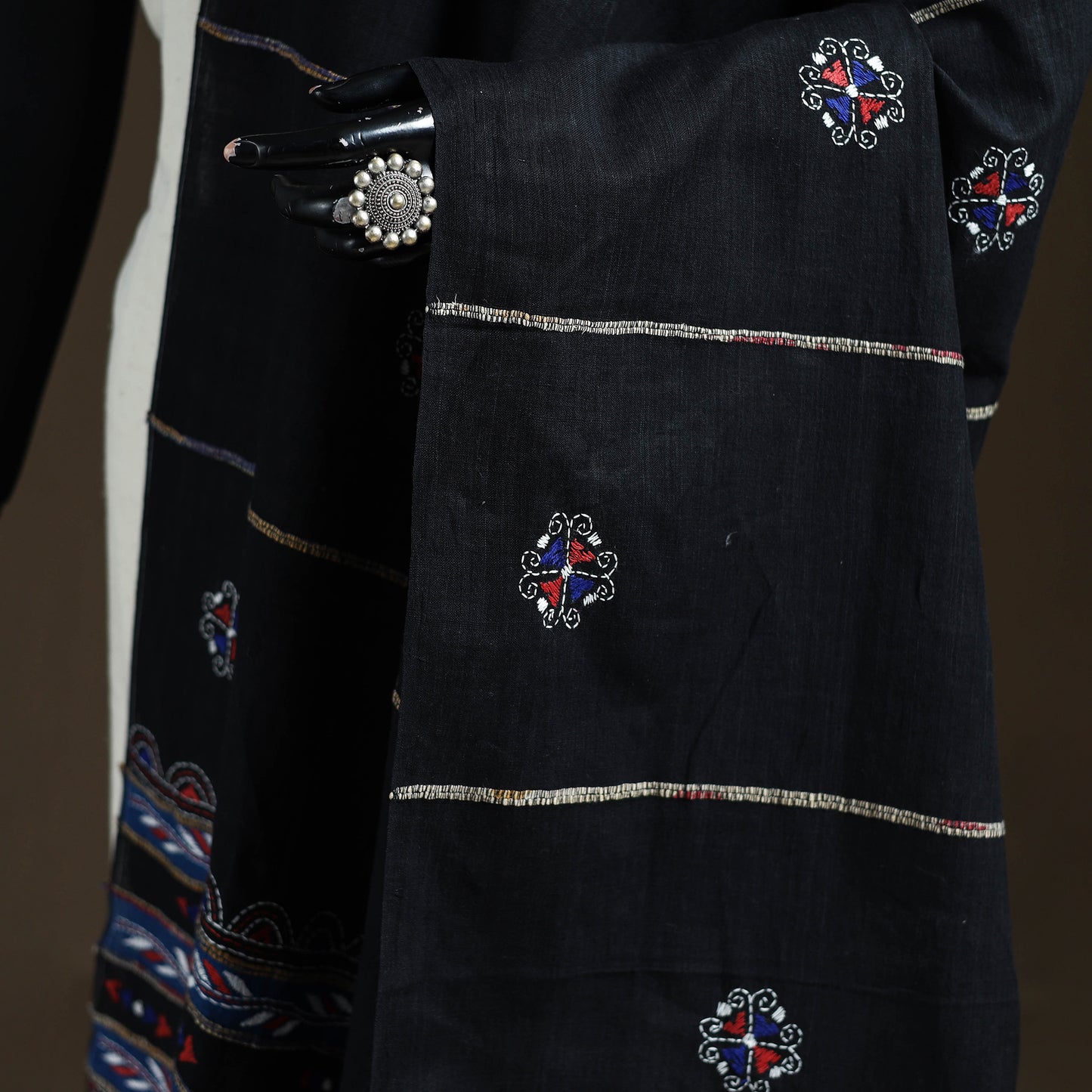 Black - Kantha Hand Embroidered Khes Handwoven Cotton Dupatta 16
