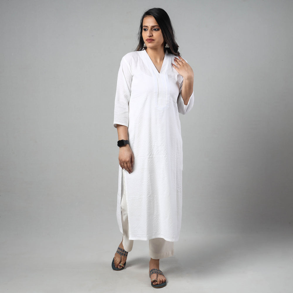 White - Running Stitch Cotton Long Straight Kurta