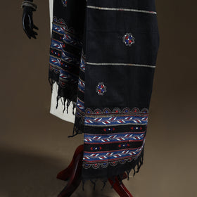 Black - Kantha Hand Embroidered Khes Handwoven Cotton Dupatta 16
