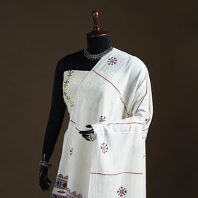 White - Kantha Hand Embroidered Khes Handwoven Cotton Dupatta 17
