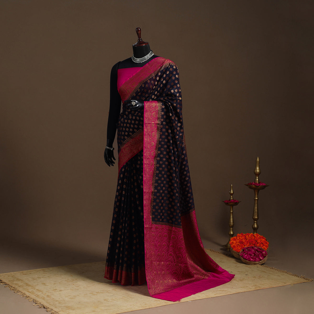 Black - Zari Work Banarasi Silk Saree with Blouse 23