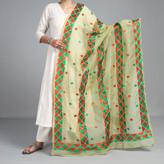 Green - Phulkari Hand Embroidery Kota Doria Chanderi Silk Dupatta with Tassels