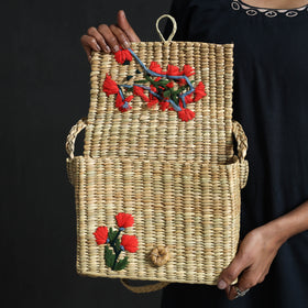 Orange Handcrafted Natural Water Reed Embroidered Sling Bag 