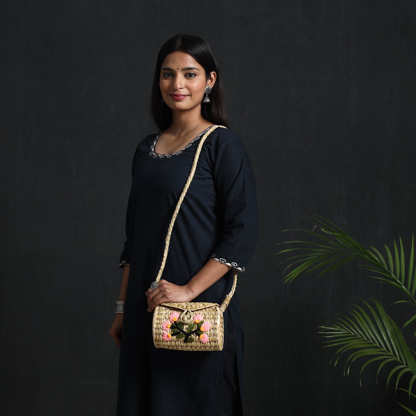 Beige - handcrafted natural water reed embroidered sling