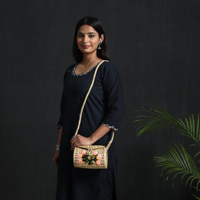 Beige - handcrafted natural water reed embroidered sling