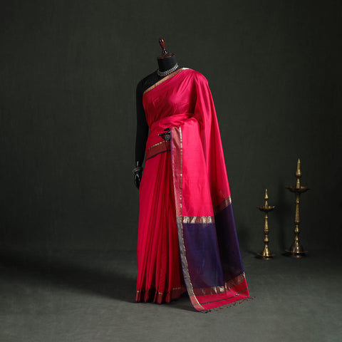 Pink - Handloom Zari Border Maheshwari Silk Saree 03