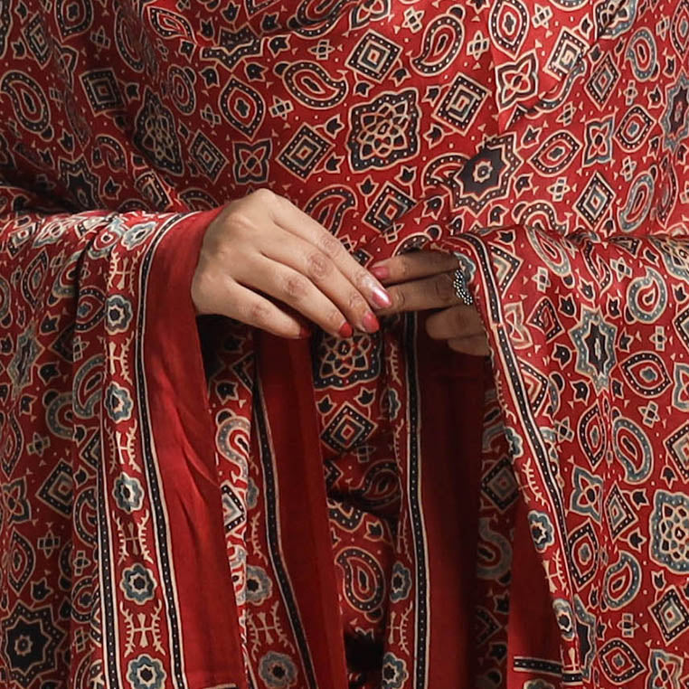 Red - Ajrakh Modal Silk Dupatta with Zari Border 01