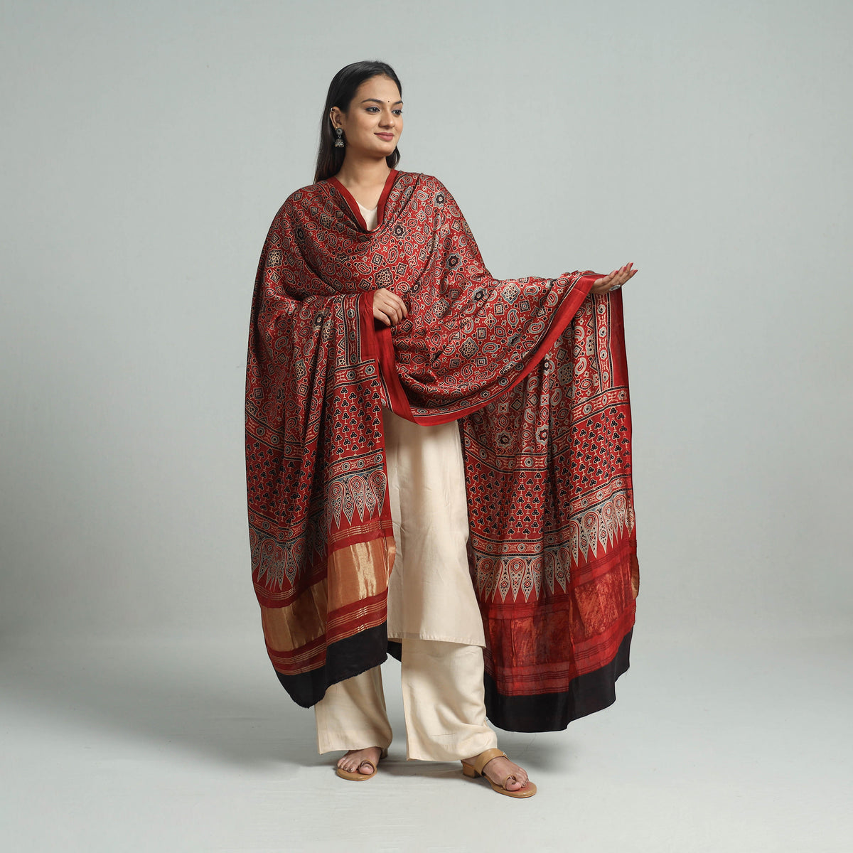 Red - Ajrakh Modal Silk Dupatta with Zari Border 01