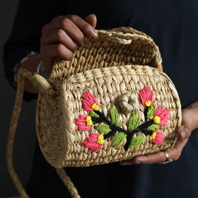Beige Handcrafted Natural Water Reed Embroidered Sling Bag