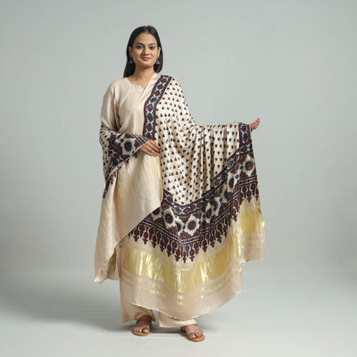 Beige - Ajrakh Modal Silk Dupatta with Zari Border 02