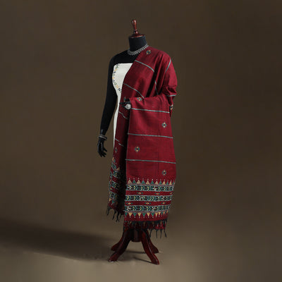 Maroon - Kantha Hand Embroidered Khes Handwoven Cotton Dupatta 20
