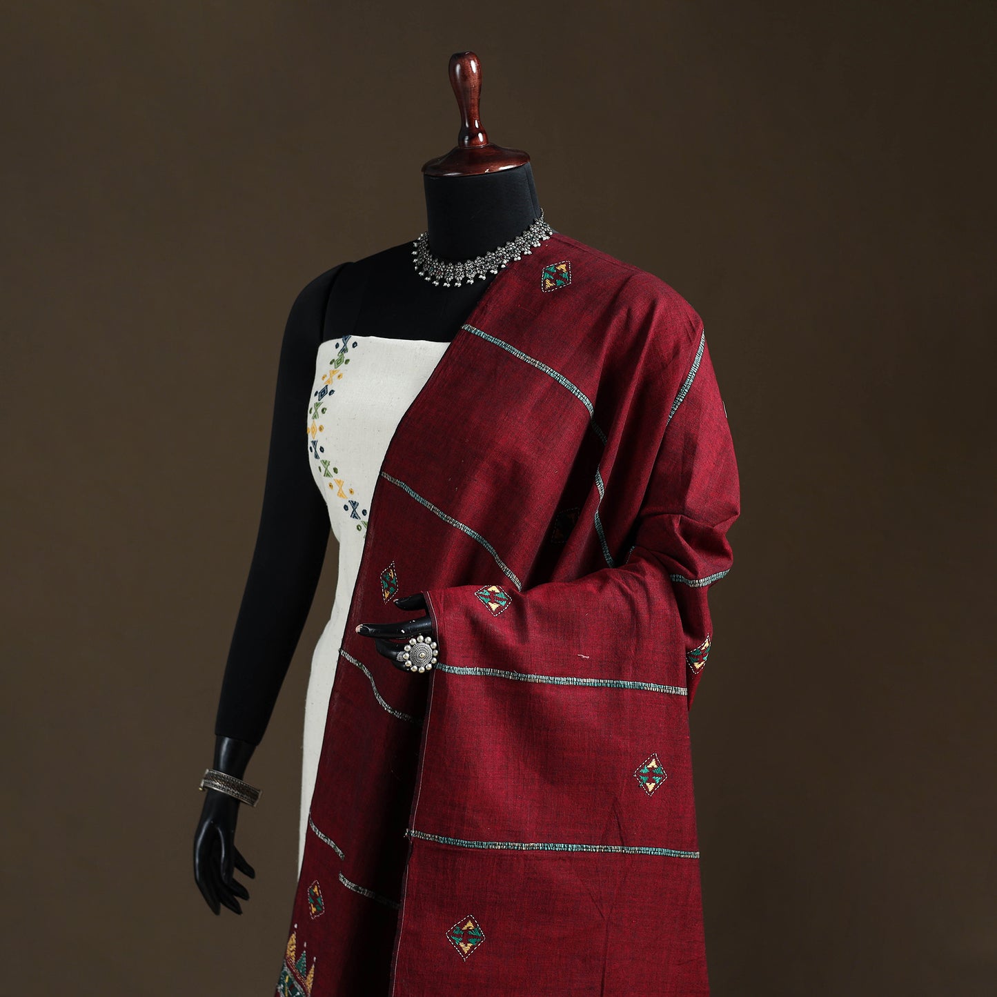 Maroon - Kantha Hand Embroidered Khes Handwoven Cotton Dupatta 20