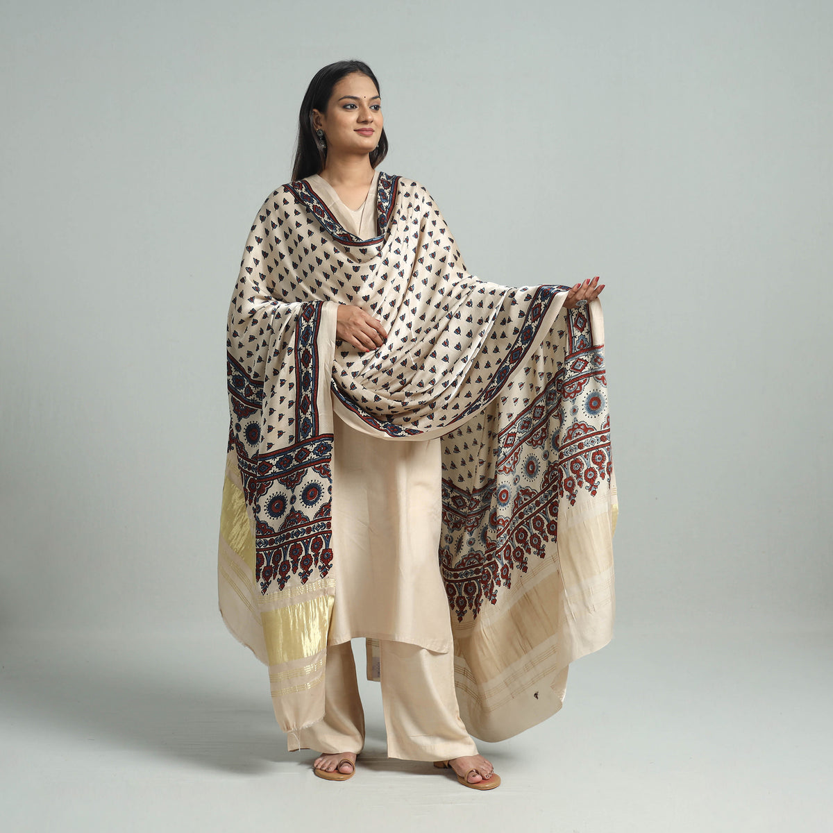 Beige - Ajrakh Modal Silk Dupatta with Zari Border 02