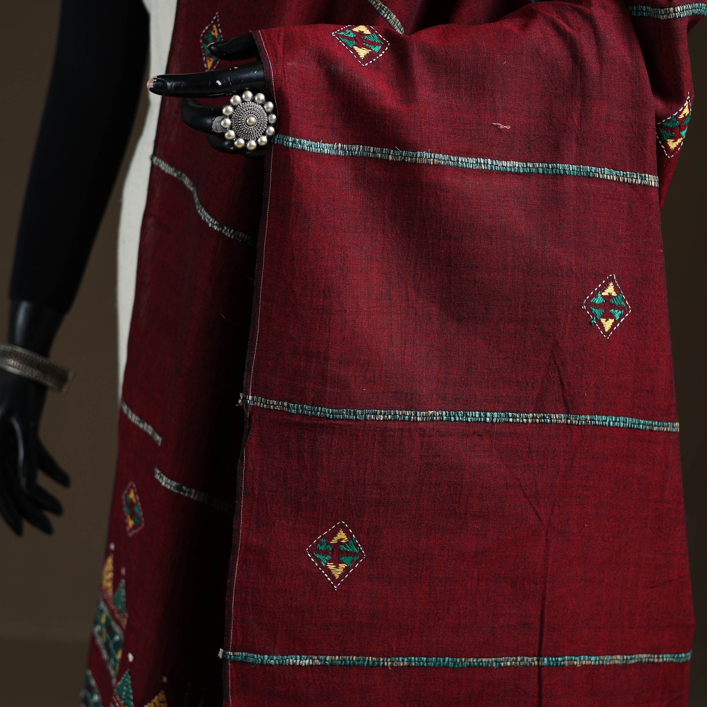 Maroon - Kantha Hand Embroidered Khes Handwoven Cotton Dupatta 20