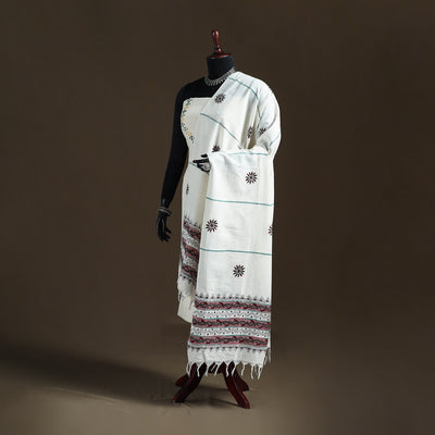 White - Kantha Hand Embroidered Khes Handwoven Cotton Dupatta 21