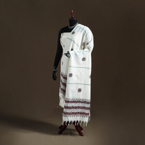 White - Kantha Hand Embroidered Khes Handwoven Cotton Dupatta 21