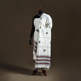 White - Kantha Hand Embroidered Khes Handwoven Cotton Dupatta 21