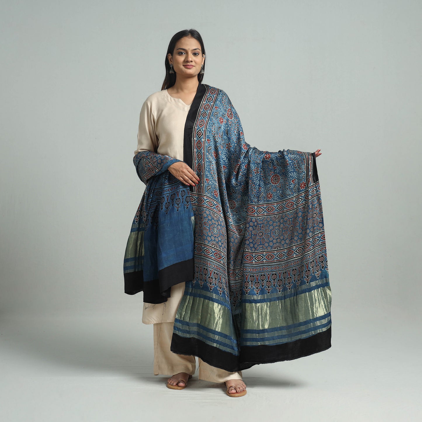 Blue - Ajrakh Modal Silk Dupatta with Zari Border 04