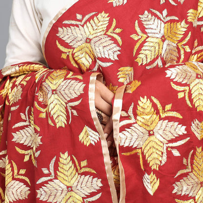 Red - Traditional Phulkari Embroidered Jaal Silk Chinon Dupatta