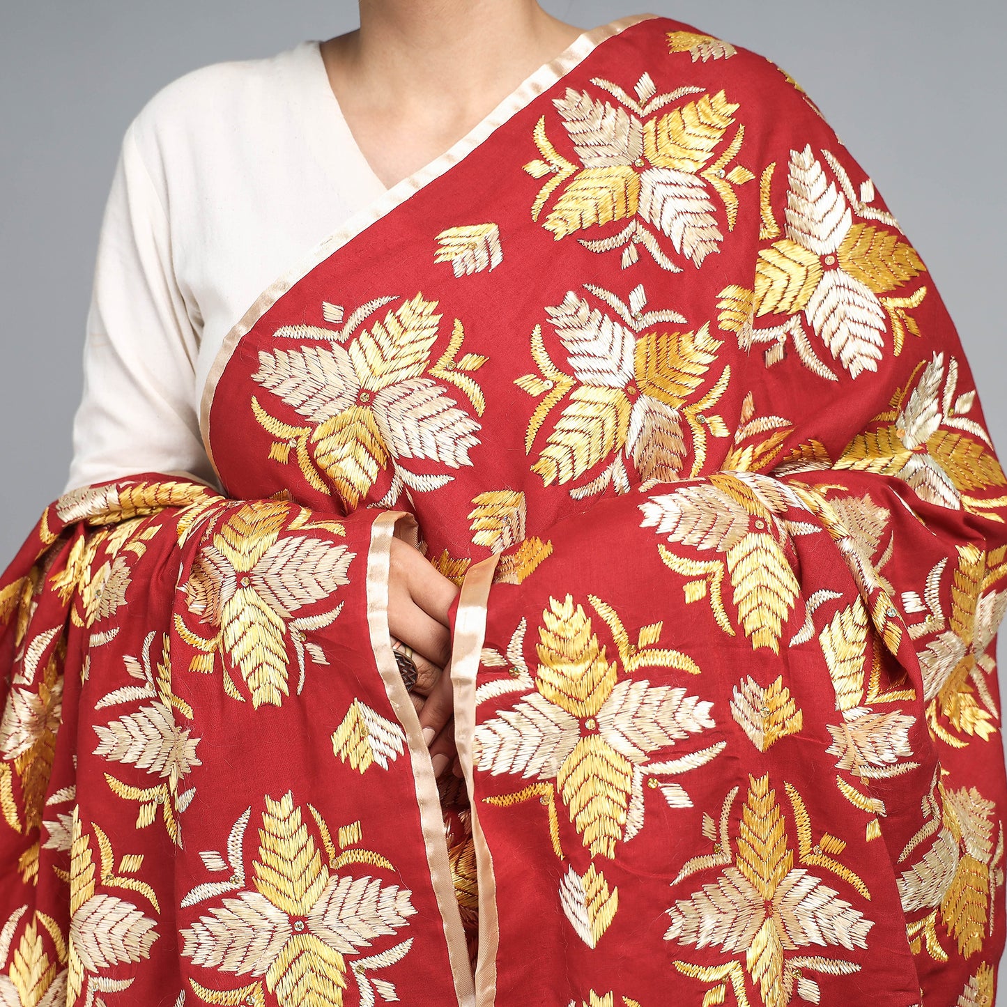 Red - Traditional Phulkari Embroidered Jaal Silk Chinon Dupatta