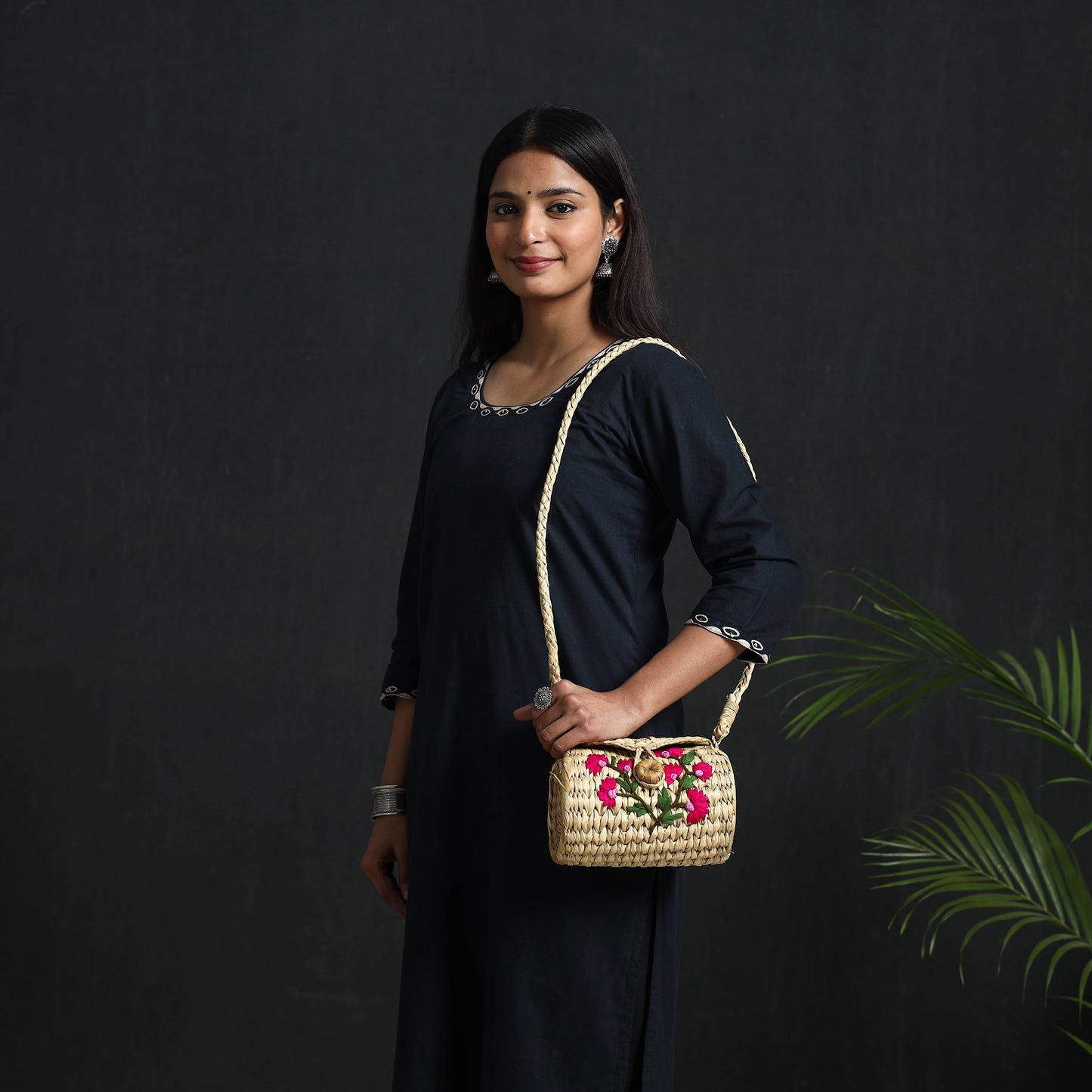 Pink Handcrafted Natural Water Reed Embroidered Sling Bag 